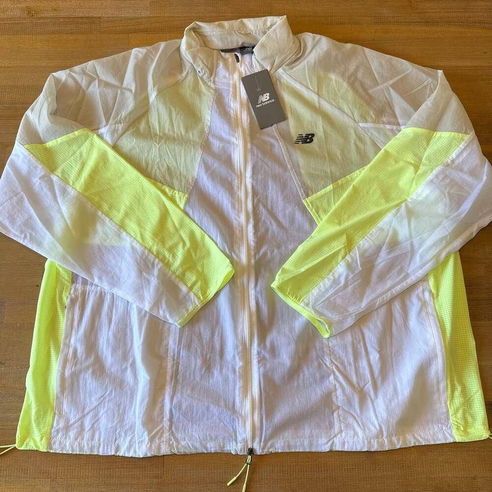 New Balance RC Jacket Mens 2XL Packable Running Windbreaker White Neon YellowNWT